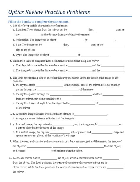 9f Optics Review A Coursework Optics Review Practice Problems Fill