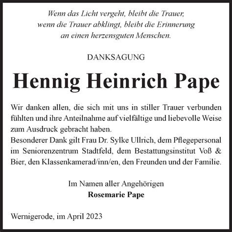 Traueranzeigen Von Hennig Heinrich Pape Abschied Nehmen De