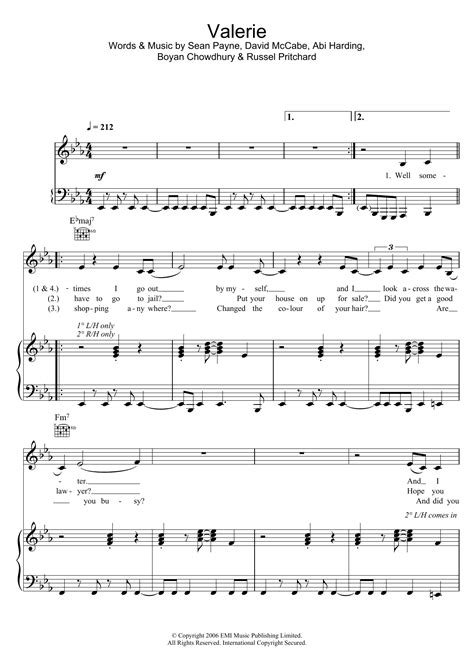 Valerie Feat Amy Winehouse By Mark Ronson Sheet Music For Piano