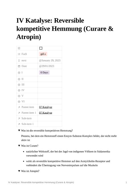Iv Katalyse Reversible Kompetitive Hemmung Curare Atropin Studocu