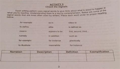 Activity 1check The Signalseach Writing Patter Uses Signal Words To