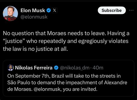 Elon Musk apoia manifestação pelo impeachment de Moraes