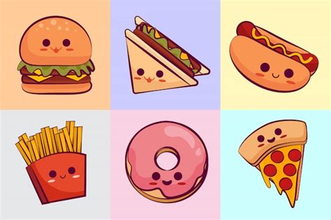 Colección de comida rápida kawaii Vector Premium