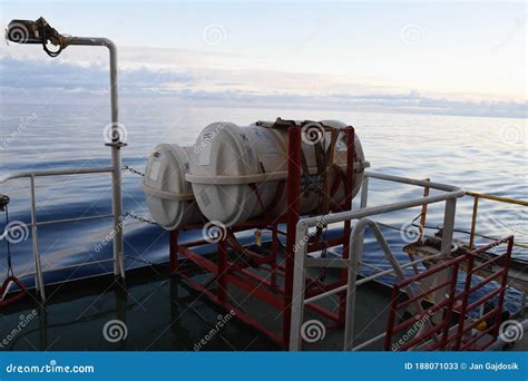 Life Rafts In The Red Cradle Attached To The Side Of The Vessel Stock