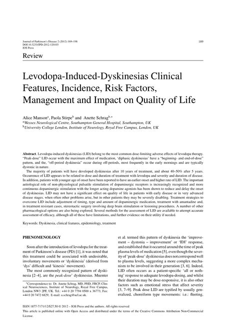 Levodopa Induced Dyskinesias Clinical Features Incidence Risk Factors