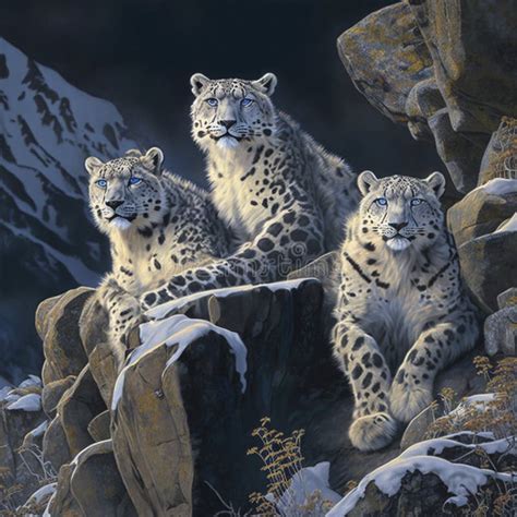 A Group Of Snow Leopards Perched Atop A Rocky Outcropping Stock