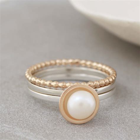 Silver And Ct Gold Pearl Stacking Ring Set By Louy Magroos Pearl