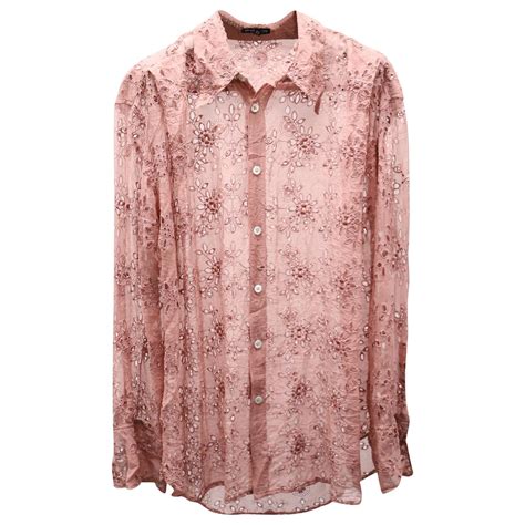 Ann Demeulemeester Sheer Eyelet Long Sleeved Shirt In Pink Silk Ref