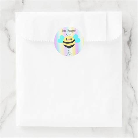 Bee Happy Cute Kawaii Pastel Rainbow Stripes Classic Round Sticker Zazzle Bee Happy Pastel