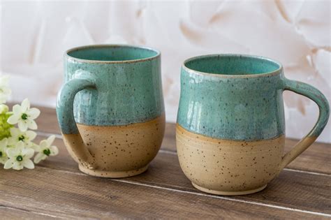 Pottery Coffee Mugs Set Set of Two Large Turquoise Mugs Tea | Etsy