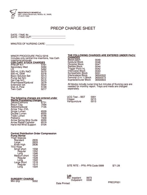 Fillable Online Support Providencehospital PREOP CHARGE SHEET