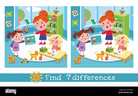 Find 7 Differences Game For Children Cute Girls In Kindergarten