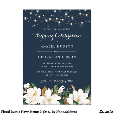 Floral Rustic Navy String Lights Magnolia Elegant Invitation Wedding Invitations Rustic