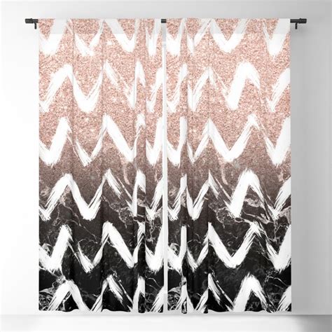 Modern Faux Rose Gold Glitter Black Marble Chevron Blackout Curtain By