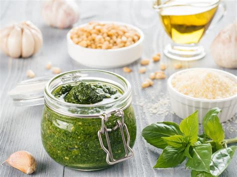 Homemade Basil Pesto Sauce Ingredients Stock Photo - Image of ...