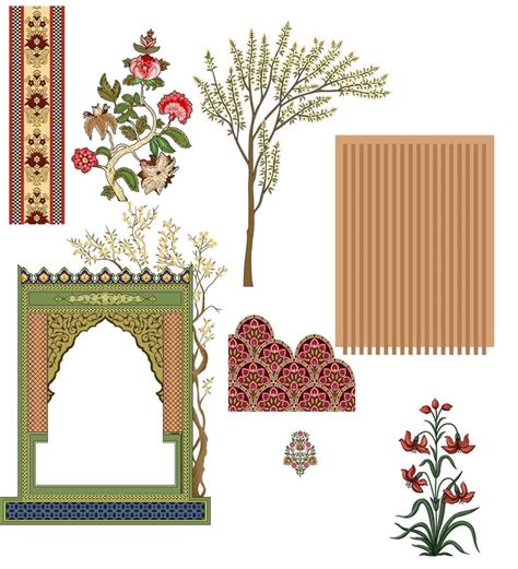 An Assortment Of Decorative Items Including Flowers Trees And Rugs On