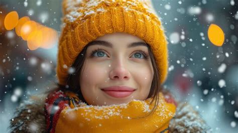 Premium Photo Portrait Happy Smiling Woman Standing Snowy Background