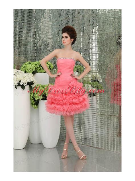 Strapless A Line Organza Watermelon Prom Dress With Ruffled Layers