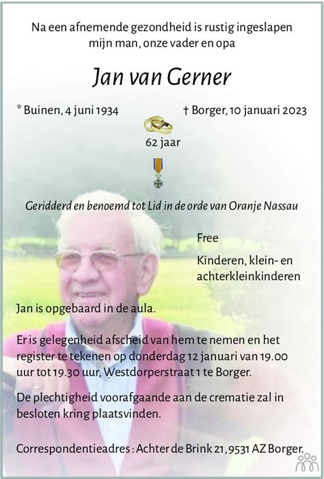 Jan Van Gerner Overlijdensbericht En Condoleances