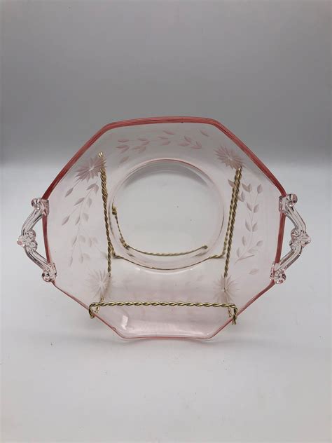 1930s Lancaster Pink Depression Glass Handled Serving Bowl Blush Pink Etched Floral Pink