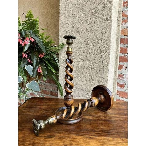 Antique English Oak Brass Open Barley Twist Candlestick Holders A