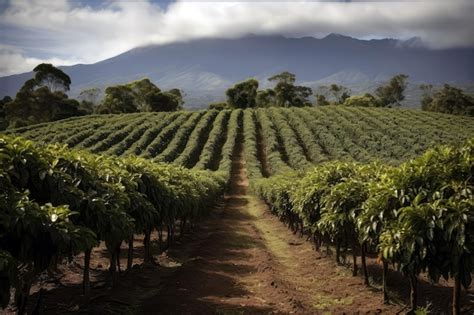 Imagen de una finca de café con hileras de plantas de café en primer ...