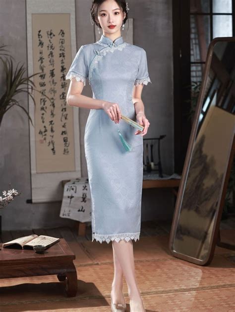 Blue Jacquard Midi Cheongsam Qipao Dress Cozyladywear