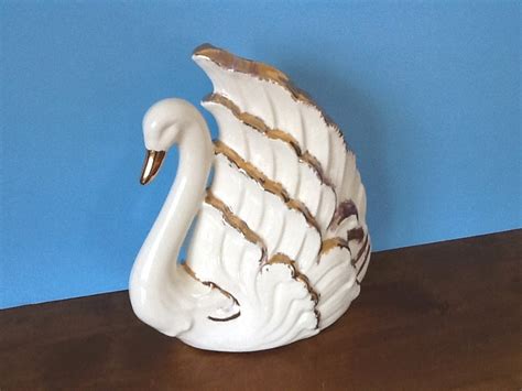 Vintage Ceramic White Swan Vase Planter Figurine Gilded Etsy