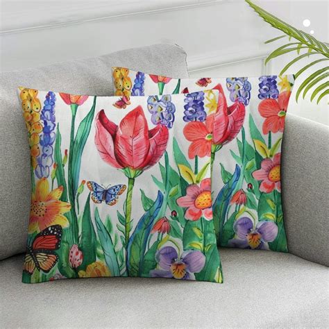 Spring Summer Pillow Covers Inch Set Of Tulip Daisy Watercolor