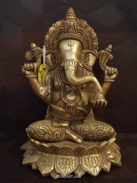 Brass Ganesha Sitting On Lotus Base 8 For Pooja Antique Finish