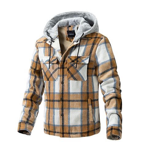 Apexfwdt Mens Hooded Coat Casual Thicken Long Sleeve Plaid Work Flannel Button Down Shirt