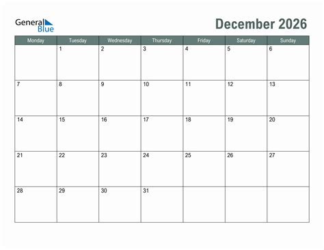 Blank December 2026 Monthly Calendar Template