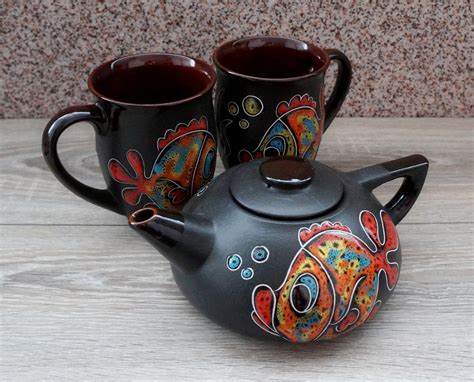 Handmade tea set ceramic Engraved and painted teapot and pair | Etsy