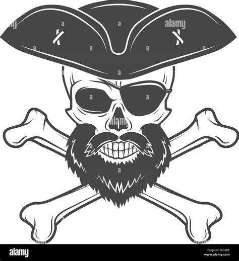 Pirate Skull In Cocked Hat With Beard Eye Patch And Crossed Bones