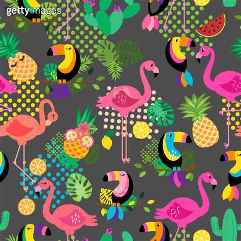 Seamless Tileable Tropical Vector Pattern With Flamingos Toucans