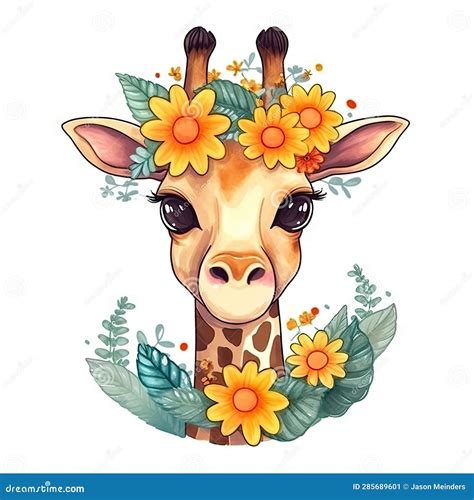 Cute Kawaii Giraffe With A Crown Of Flowers On Its Head Stock Image