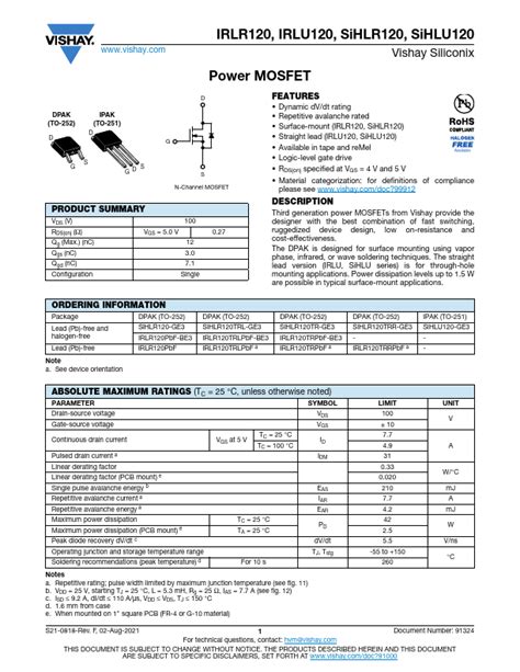 IRLU120 Vishay MOSFET Hoja de datos Ficha técnica Distribuidor