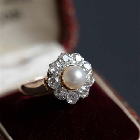 Proantic Bague Perle Et Diamants Taille Ancienne Or Jaune Et Plati