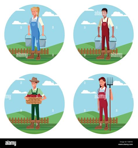 Set Of Farmers Working In Farm Cartoons Stock Vector Image Art Alamy