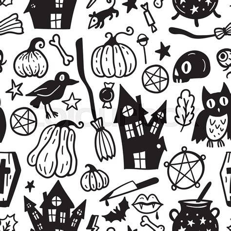 Monochrome Seamless Pattern Of Horror Halloween Hand Drawn Doodle Elements Stock Vector