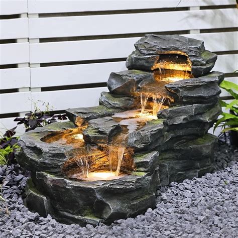 Outdoor Water Fountain Floor Standing Tiers Rock Natural Waterfall ...