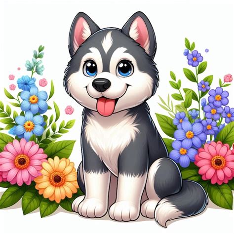 Premium Vector Cute Siberian Husky Dog And Flowers Vector Cartoon