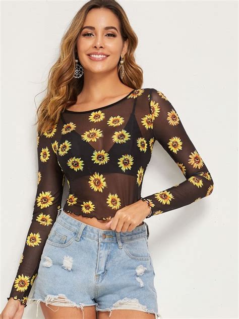 Sheer Sunflower Lettuce Trim Crop Top Without Bra Festival Outfits