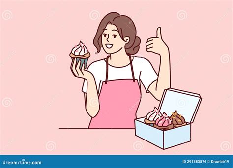 Woman Pastry Chef Holding Cupcake And Showing Thumb Up Standing Near