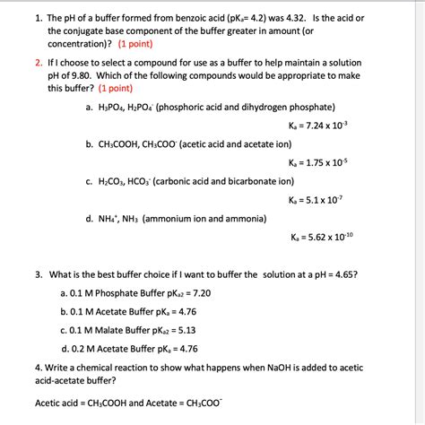 Solved 1 The PH Of A Buffer Formed From Benzoic Acid PKa Chegg