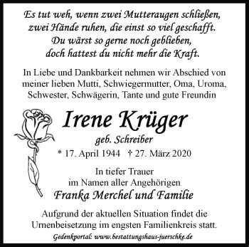 Traueranzeigen Von Irene Kr Ger M Rkische Onlinezeitung Trauerportal