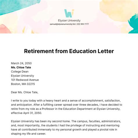 Free Retirement from Education Letter Template to Edit Online