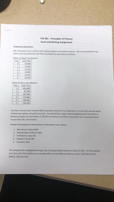 Solved FIN 301 Principles Of Finance Excel And Writing Chegg
