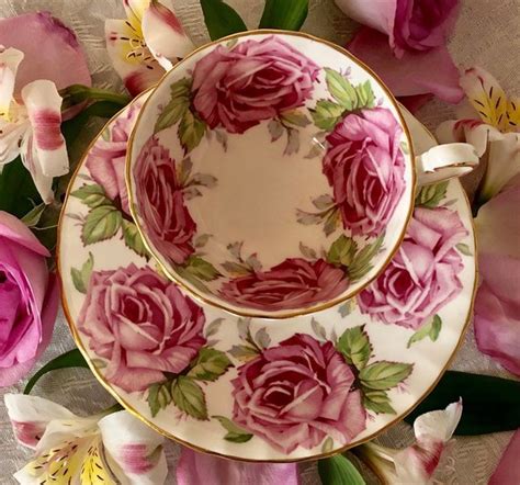 Pink Cabbage Roses By Aynsley Tea Cup And Saucer Oban Shape Large