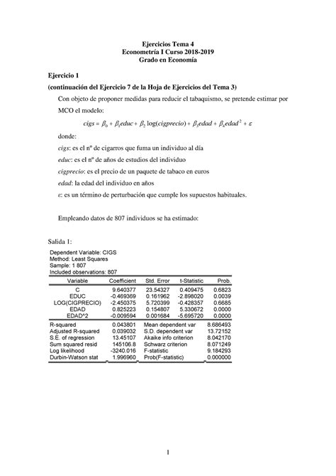 Ejercicios Tema 4 18 19 Ejercicios Tema 4 Econometría I Curso 2018